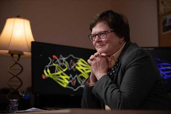 博士照片. Lisa Lambert seated at a desk, with a computer monitor and lamp behind her